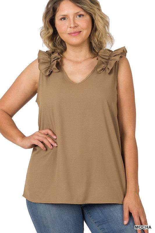 Plus Woven Wool Dobby Ruffle Trim Sleeveless Top - Shop Style & More | Fresh Looks, Everyday Deals & Free Shipping