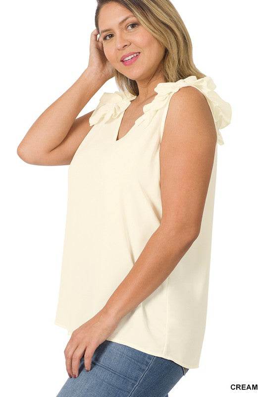 Plus Woven Wool Dobby Ruffle Trim Sleeveless Top - Shop Style & More | Fresh Looks, Everyday Deals & Free Shipping