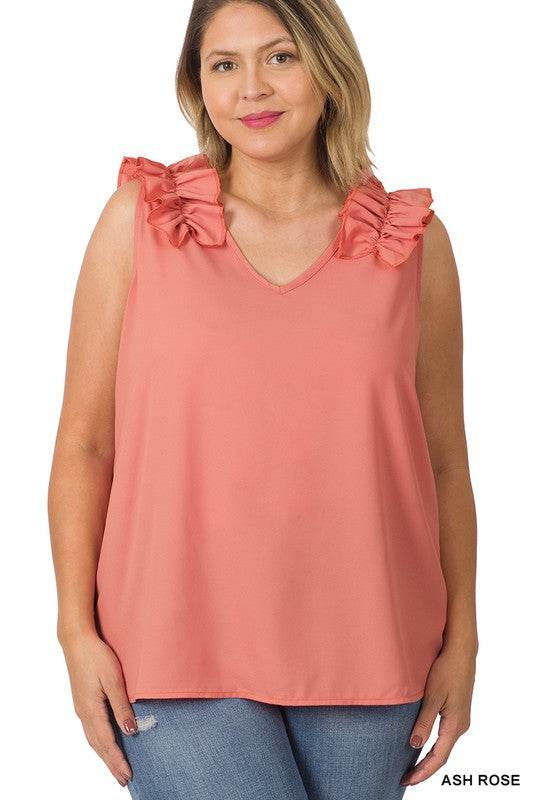 Plus Woven Wool Dobby Ruffle Trim Sleeveless Top - Shop Style & More | Fresh Looks, Everyday Deals & Free Shipping