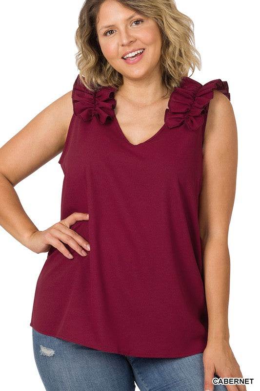 Plus Woven Wool Dobby Ruffle Trim Sleeveless Top - Shop Style & More | Fresh Looks, Everyday Deals & Free Shipping
