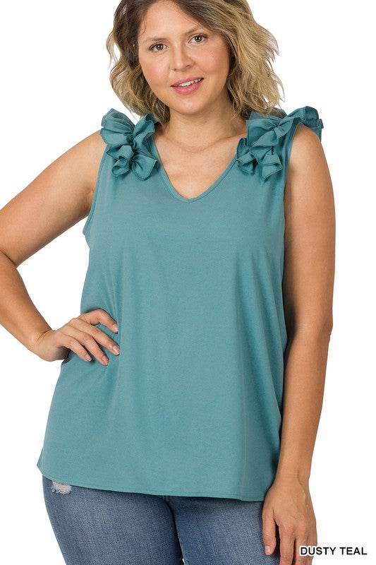Plus Woven Wool Dobby Ruffle Trim Sleeveless Top - Shop Style & More | Fresh Looks, Everyday Deals & Free Shipping