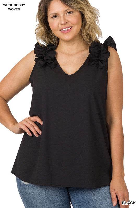 Plus Woven Wool Dobby Ruffle Trim Sleeveless Top - Shop Style & More | Fresh Looks, Everyday Deals & Free Shipping