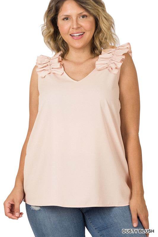 Plus Woven Wool Dobby Ruffle Trim Sleeveless Top - Shop Style & More | Fresh Looks, Everyday Deals & Free Shipping