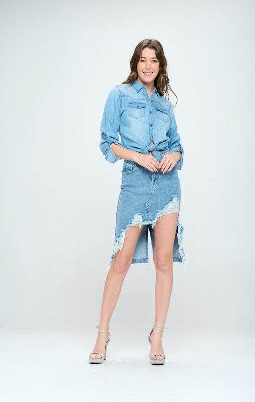 FRONT DESTROYED DENIM SKIRT - Shop Style & More | Fresh Looks, Everyday Deals & Free Shipping