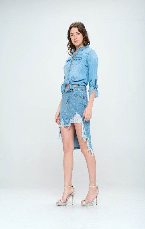 FRONT DESTROYED DENIM SKIRT - Shop Style & More | Fresh Looks, Everyday Deals & Free Shipping