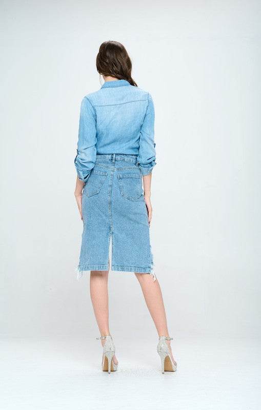 FRONT DESTROYED DENIM SKIRT - Shop Style & More | Fresh Looks, Everyday Deals & Free Shipping