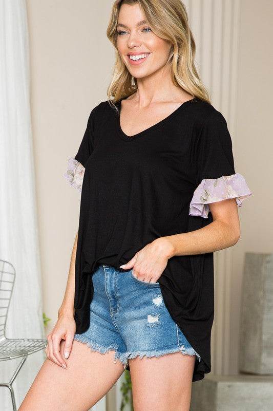 Ruffle Sleeve Contrast V Neck - Shop Style & More | Fresh Looks, Everyday Deals & Free Shipping