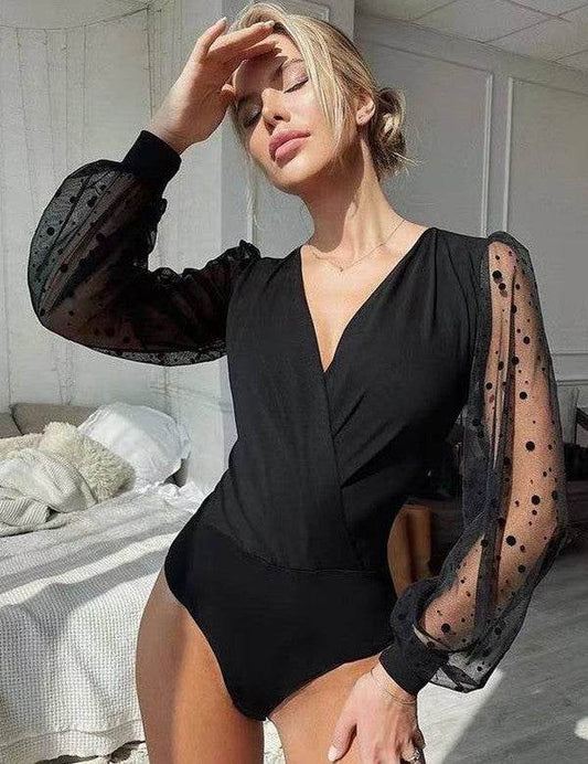 Crotch Polka dot mesh Long Sleeve V Neck Bodysuit - Shop Style & More | Fresh Looks, Everyday Deals & Free Shipping