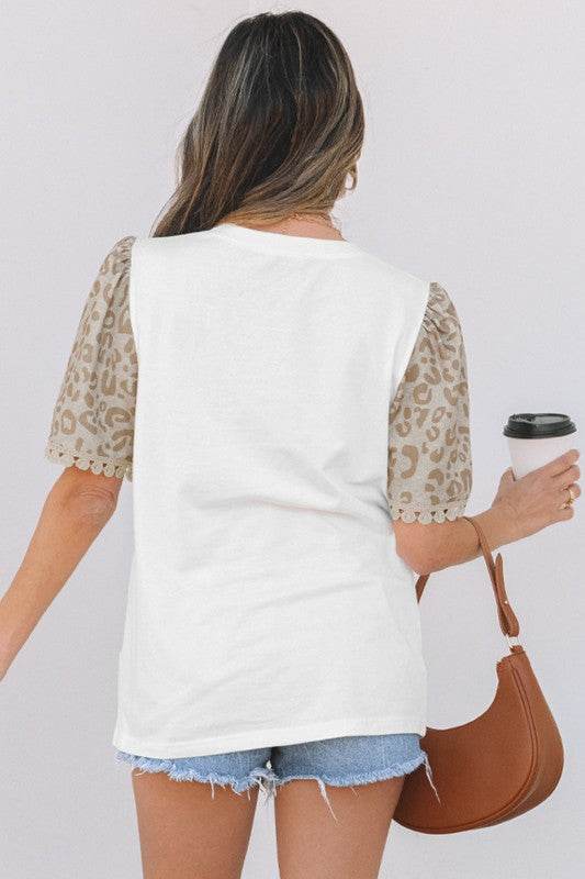 Leona Leopard Lace Trim Puff Sleeve Top - Shop Style & More | Fresh Looks, Everyday Deals & Free Shipping