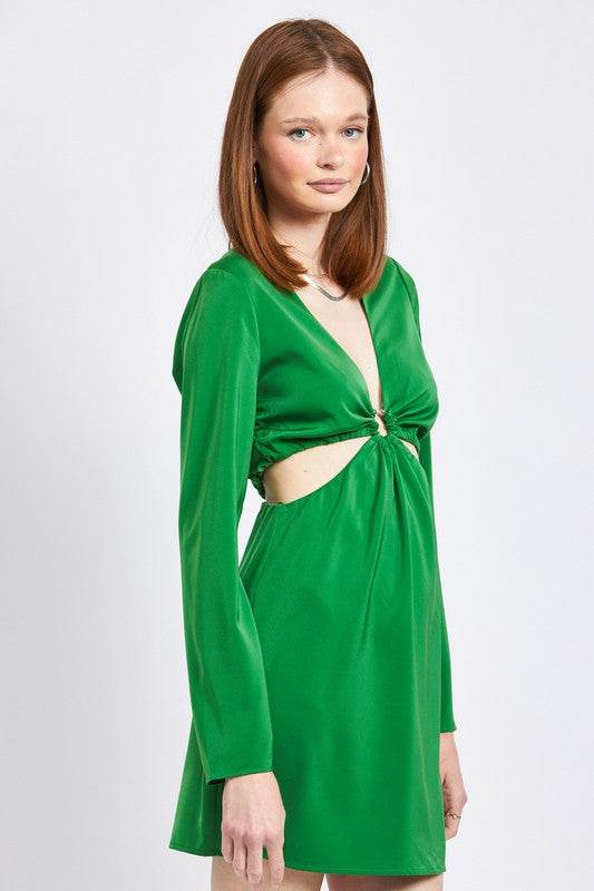 V NECK LONG SLEEVE MINI DRESS WITH CUT OUT - Shop Style & More | Fresh Looks, Everyday Deals & Free Shipping