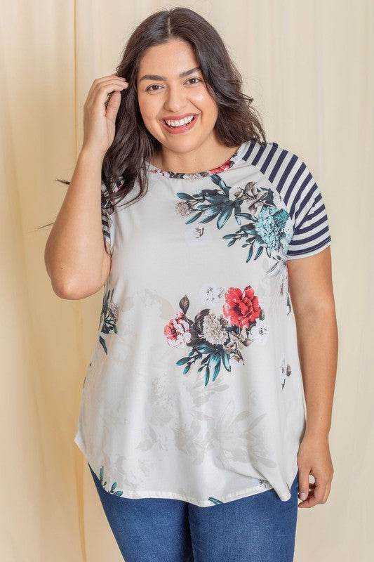 Plus stripe sleeve floral top/tunic - Shop Style & More | Fresh Looks, Everyday Deals & Free Shipping