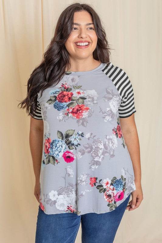 Plus stripe sleeve floral top/tunic - Shop Style & More | Fresh Looks, Everyday Deals & Free Shipping