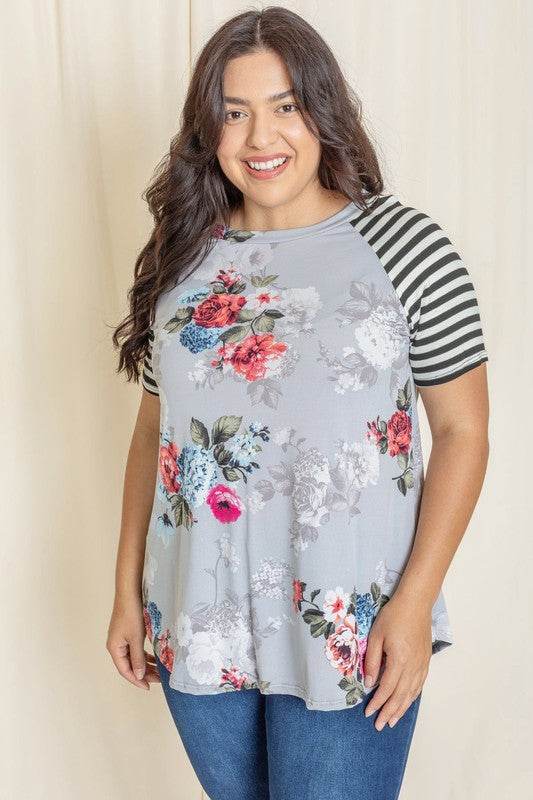 Plus stripe sleeve floral top/tunic - Shop Style & More | Fresh Looks, Everyday Deals & Free Shipping