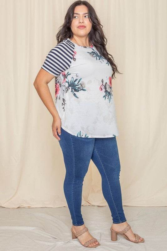 Plus stripe sleeve floral top/tunic - Shop Style & More | Fresh Looks, Everyday Deals & Free Shipping
