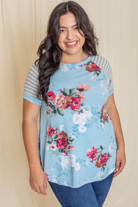 Plus stripe sleeve floral top/tunic - Shop Style & More | Fresh Looks, Everyday Deals & Free Shipping