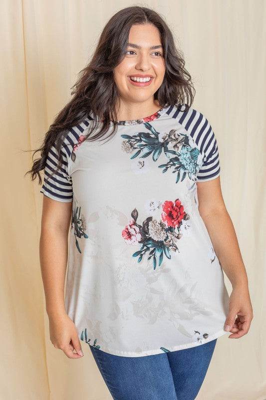 Plus stripe sleeve floral top/tunic - Shop Style & More | Fresh Looks, Everyday Deals & Free Shipping