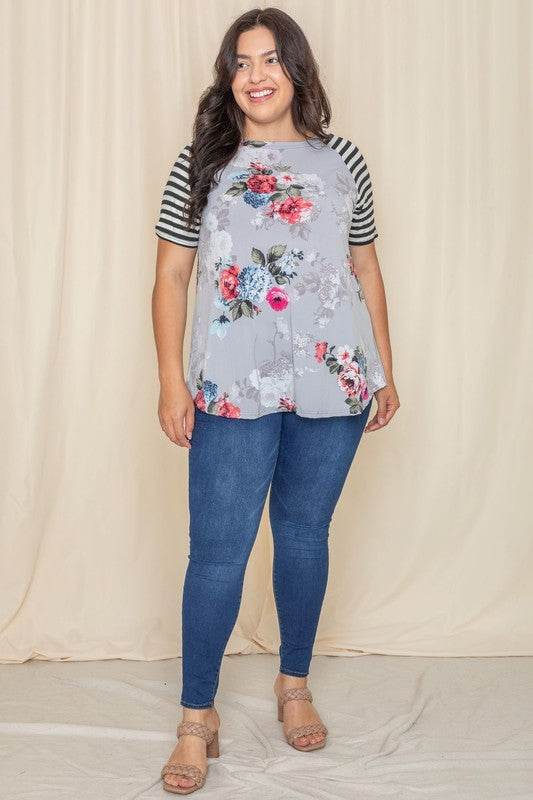 Plus stripe sleeve floral top/tunic - Shop Style & More | Fresh Looks, Everyday Deals & Free Shipping