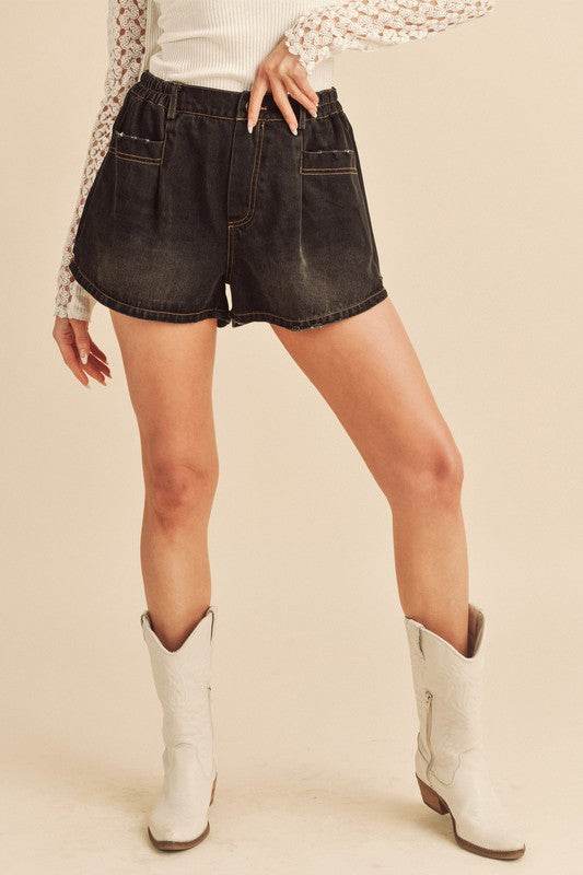 Aemi + Co Frayed Hem Elastic Waist Denim Shorts - Shop Style & More | Fresh Looks, Everyday Deals & Free Shipping
