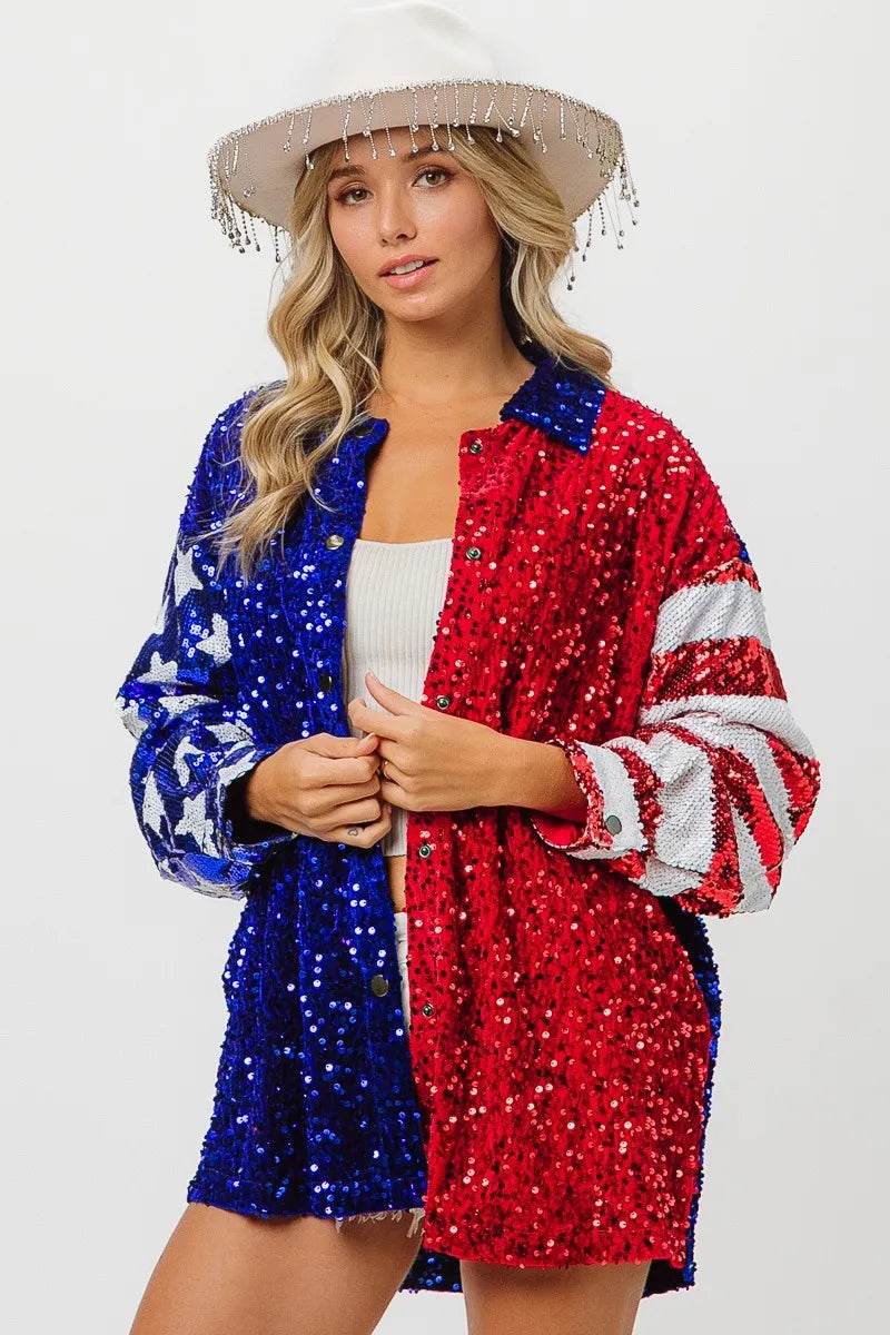 BiBi American Flag Sequin Snap Down Shirt - Shop Style & More | Fresh Looks, Everyday Deals & Free Shipping
