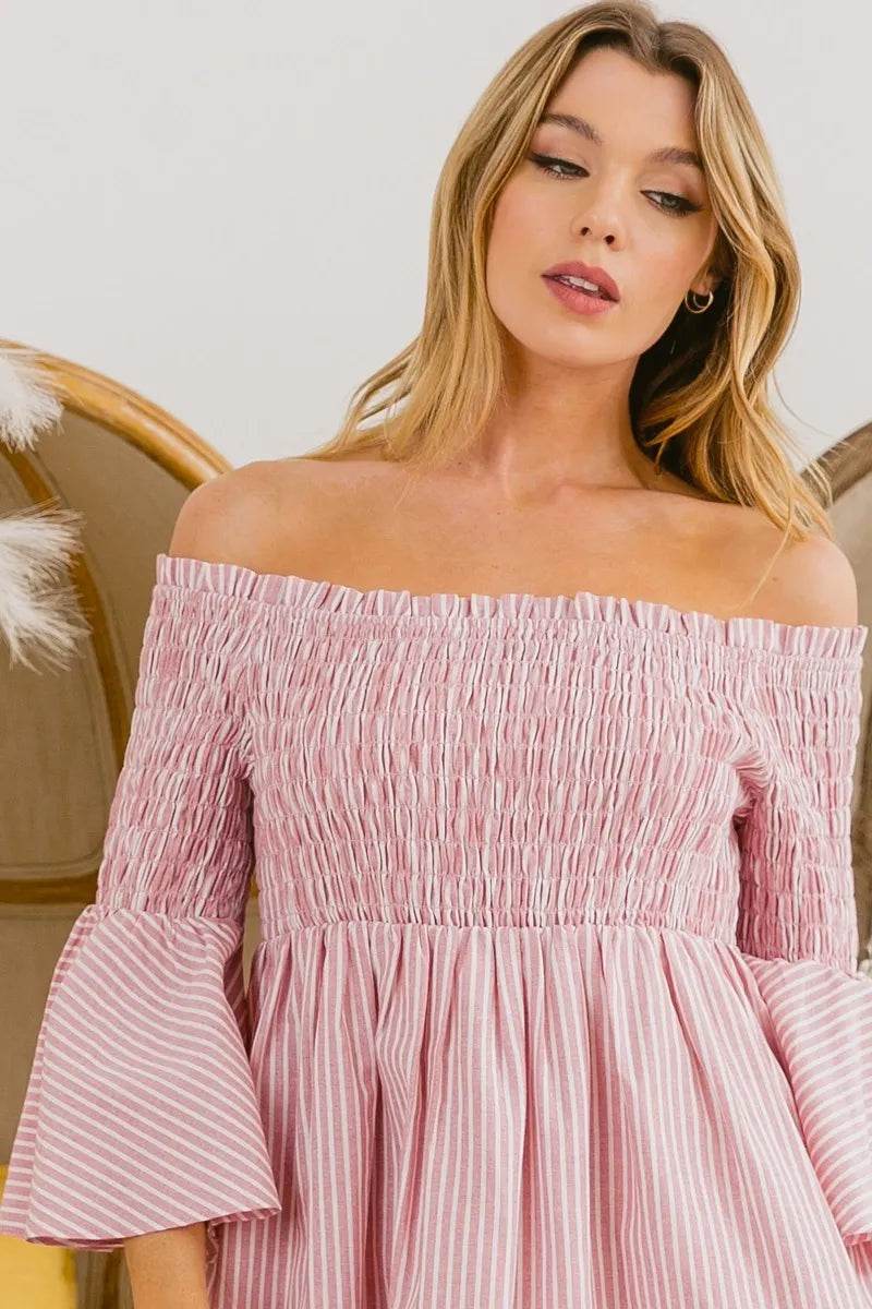 BiBi Smocked Off Shoulder Striped Dress - Shop Style & More | Fresh Looks, Everyday Deals & Free Shipping