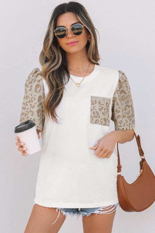 Leona Leopard Lace Trim Puff Sleeve Top - Shop Style & More | Fresh Looks, Everyday Deals & Free Shipping