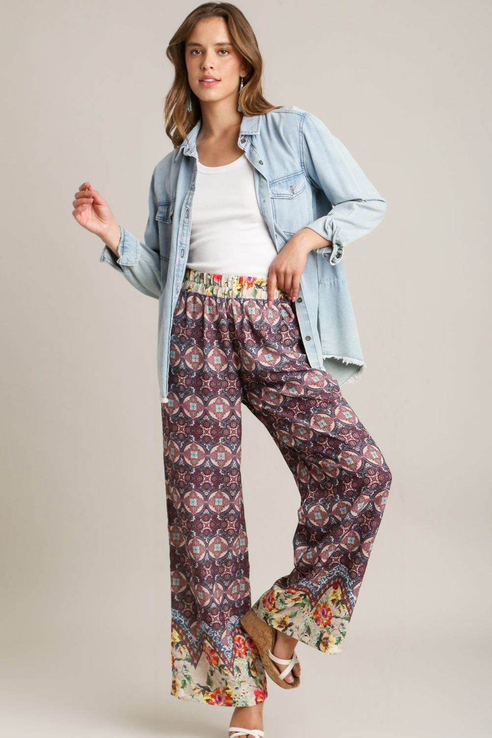 Umgee Full Size Mixed Print Elastic Waistband Pants Plus Size - Shop Style & More | Fresh Looks, Everyday Deals & Free Shipping