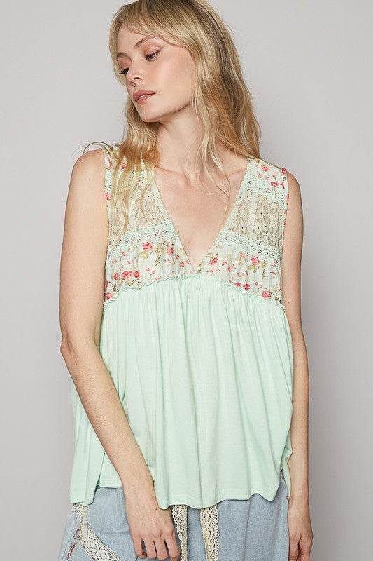 POL Lace Detail Frill Floral V-Neck Sleeveless Top - Shop Style & More | Fresh Looks, Everyday Deals & Free Shipping