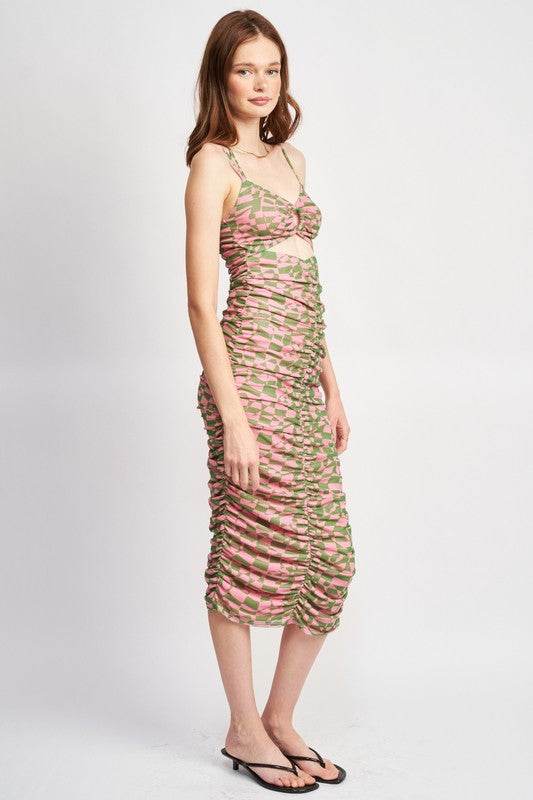 SPAGHETTI STRAP RUCHED DRESS WITH CUT OUT - Shop Style & More | Fresh Looks, Everyday Deals & Free Shipping