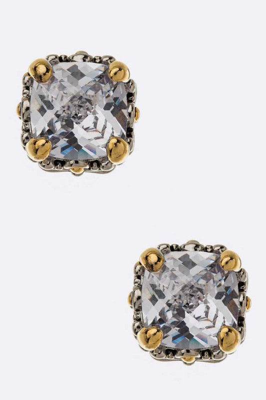 CZ Designed 2 Tone Prong Set Cushion Stud Earrings - Shop Style & More | Fresh Looks, Everyday Deals & Free Shipping