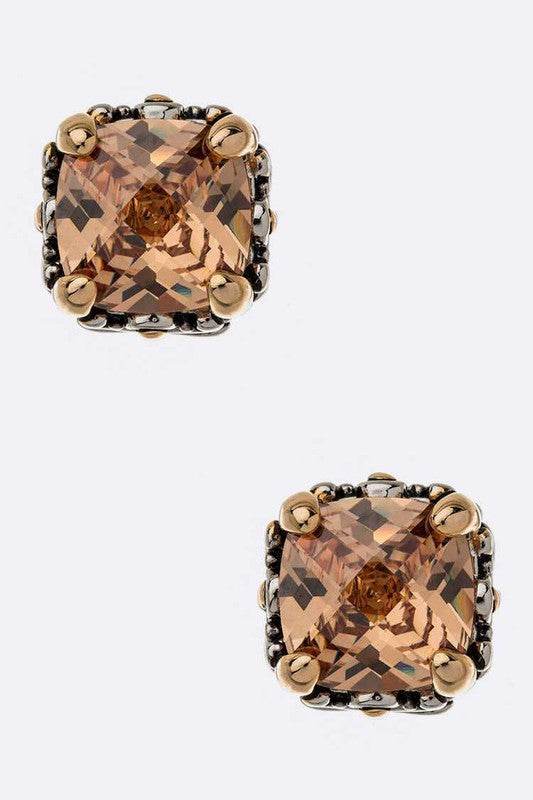 CZ Designed 2 Tone Prong Set Cushion Stud Earrings - Shop Style & More | Fresh Looks, Everyday Deals & Free Shipping