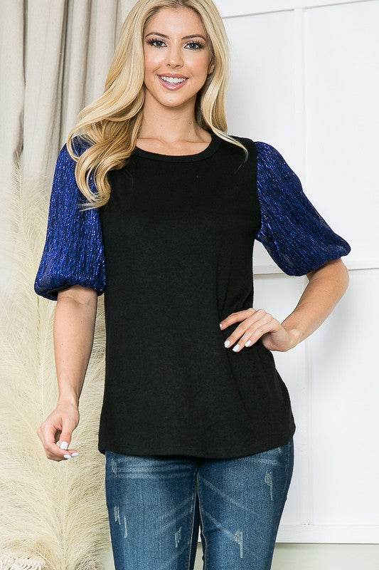Pleat Bubble Sleeve Knit Top-Royal Blue - Shop Style & More | Fresh Looks, Everyday Deals & Free Shipping