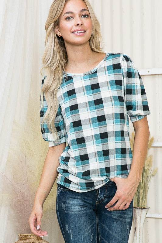 Plaid Puff Sleeve Jersey Top - Shop Style & More | Fresh Looks, Everyday Deals & Free Shipping