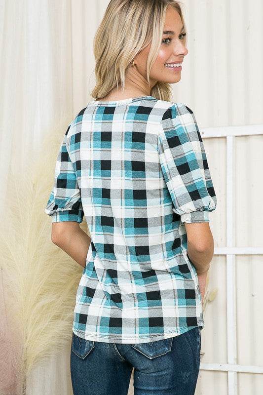 Plaid Puff Sleeve Jersey Top - Shop Style & More | Fresh Looks, Everyday Deals & Free Shipping