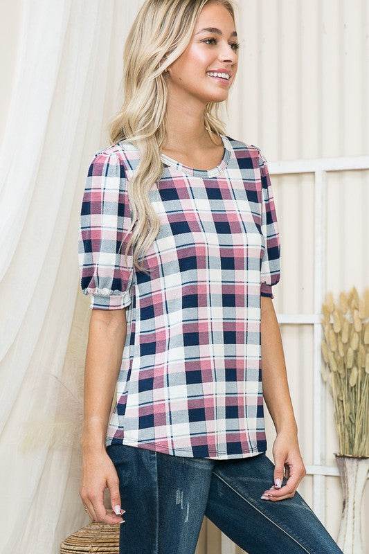 Plaid Puff Sleeve Jersey Top - Shop Style & More | Fresh Looks, Everyday Deals & Free Shipping