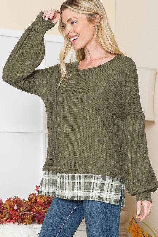Balloon Sleeve Top with Plaid Print Contrast - Shop Style & More | Fresh Looks, Everyday Deals & Free Shipping