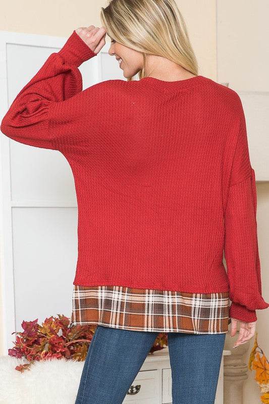 Balloon Sleeve Top with Plaid Print Contrast - Shop Style & More | Fresh Looks, Everyday Deals & Free Shipping