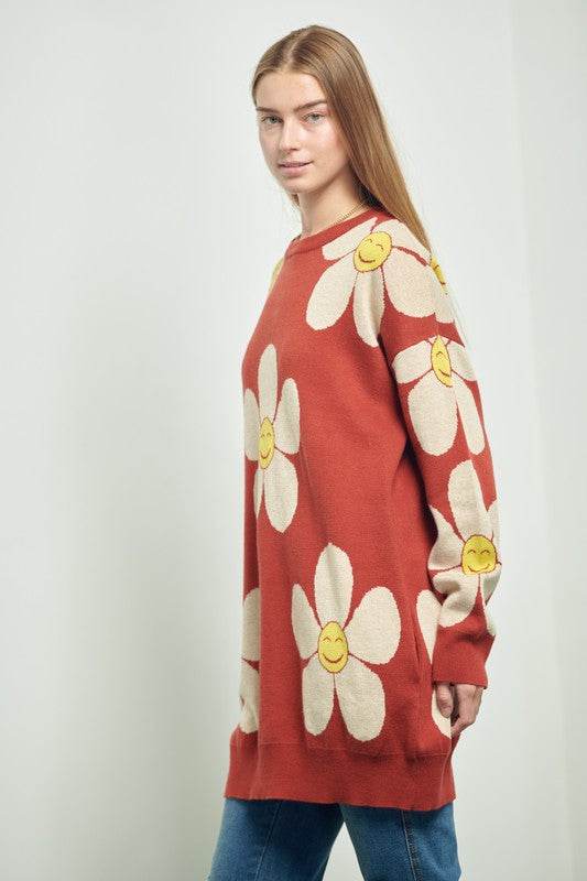 HAPPY FACE FLORAL PRINT KNIT SWETAER - Shop Style & More | Fresh Looks, Everyday Deals & Free Shipping