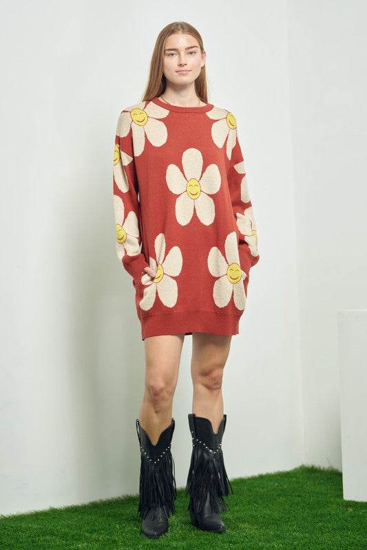 HAPPY FACE FLORAL PRINT KNIT SWETAER - Shop Style & More | Fresh Looks, Everyday Deals & Free Shipping