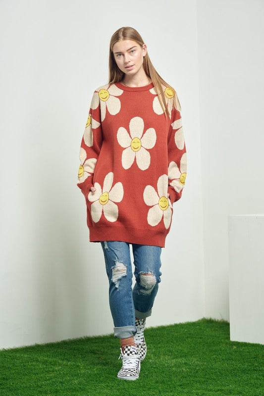 HAPPY FACE FLORAL PRINT KNIT SWETAER - Shop Style & More | Fresh Looks, Everyday Deals & Free Shipping