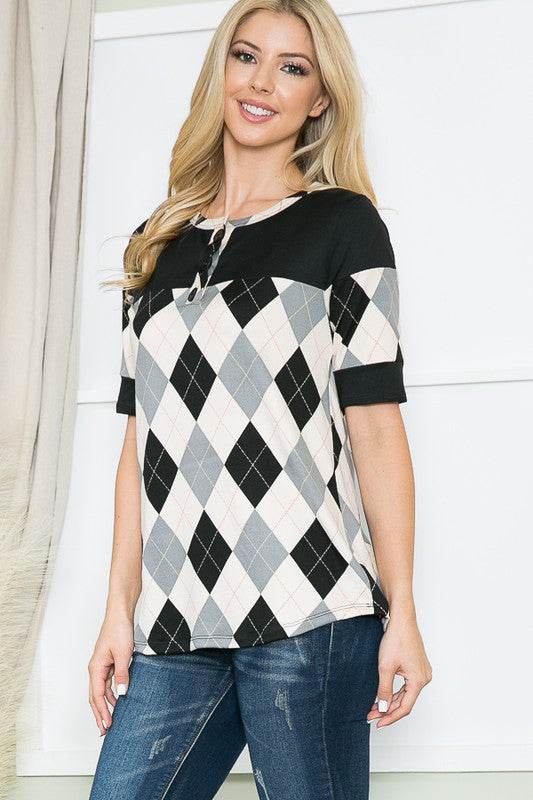 Argyle Print Button Front Jersey Top - Shop Style & More | Fresh Looks, Everyday Deals & Free Shipping
