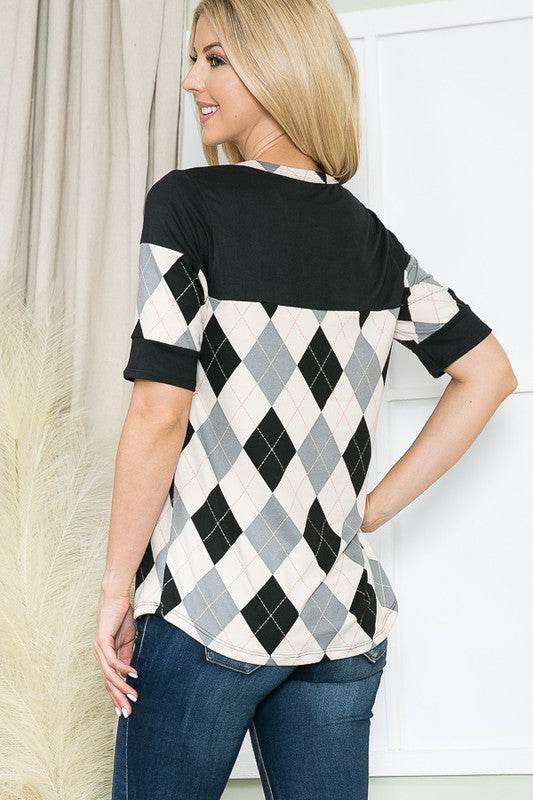 Argyle Print Button Front Jersey Top - Shop Style & More | Fresh Looks, Everyday Deals & Free Shipping