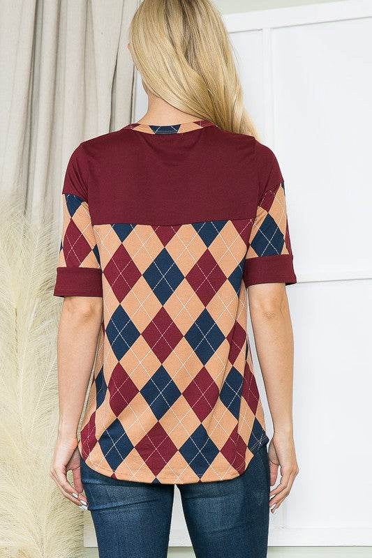 Argyle Print Button Front Jersey Top - Shop Style & More | Fresh Looks, Everyday Deals & Free Shipping