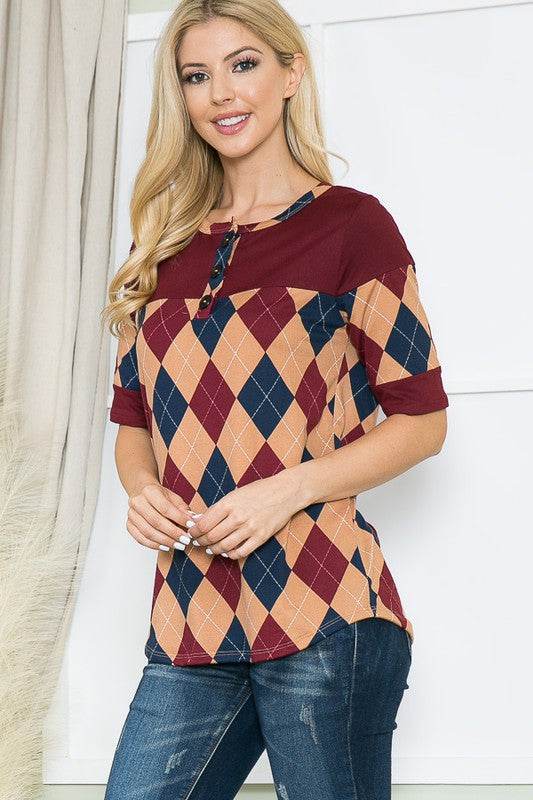 Argyle Print Button Front Jersey Top - Shop Style & More | Fresh Looks, Everyday Deals & Free Shipping