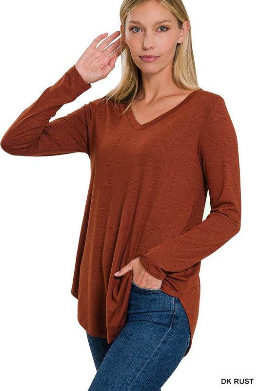 Long Sleeve V-Neck Round Hem Top - Shop Style & More | Fresh Looks, Everyday Deals & Free Shipping