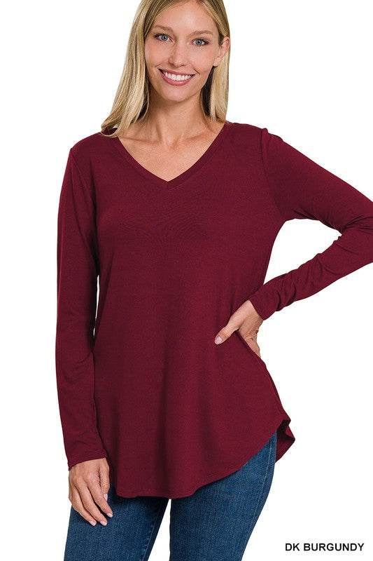 Long Sleeve V-Neck Round Hem Top - Shop Style & More | Fresh Looks, Everyday Deals & Free Shipping