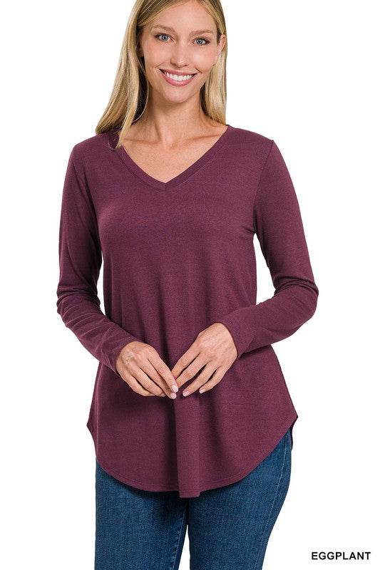 Long Sleeve V-Neck Round Hem Top - Shop Style & More | Fresh Looks, Everyday Deals & Free Shipping