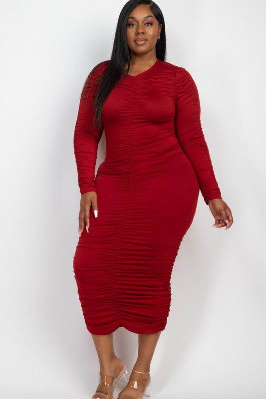 Curvy Plus Size Ruched Long Sleeve Midi Dress - Shop Style & More | Fresh Looks, Everyday Deals & Free Shipping