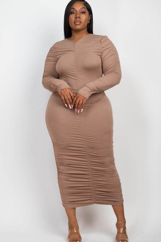 Curvy Plus Size Ruched Long Sleeve Midi Dress - Shop Style & More | Fresh Looks, Everyday Deals & Free Shipping