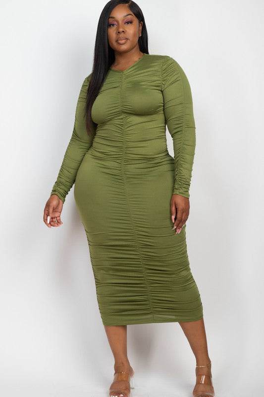 Curvy Plus Size Ruched Long Sleeve Midi Dress - Shop Style & More | Fresh Looks, Everyday Deals & Free Shipping