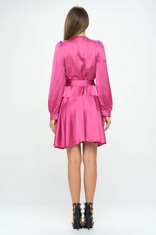 Stretch Satin Long Sleeve Wrap Dress with Belt - Shop Style & More | Fresh Looks, Everyday Deals & Free Shipping